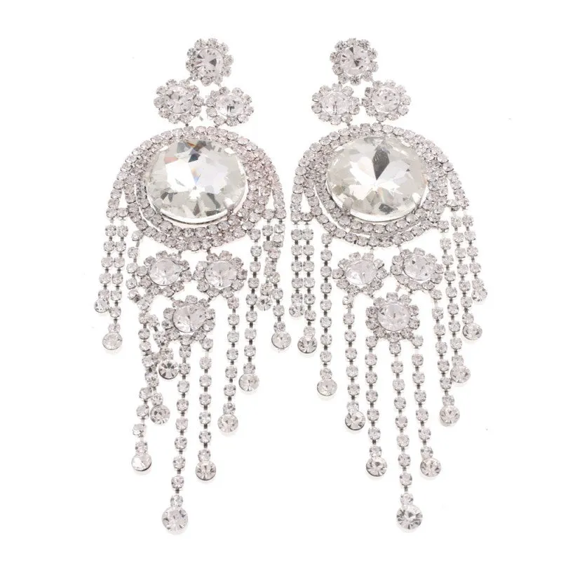 LARGE DANGLING SILVER CHANDELIER EARRINGS CLEAR STONES ( 8593CLIP ) made by Oh My Jewelry
