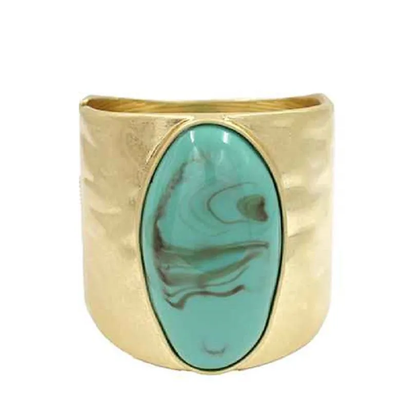 GOLD CUFF BRACELET WITH LARGE OVAL TURQUOISE STONE ( 2328 GDTQ ) made by Oh My Jewelry