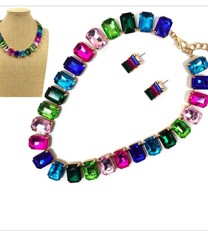 FASHION BAGUETTE TENNIS CHAIN W GLASS & EARRINGS 16.5" (MNE8433 GDMU) made by Oh My Jewelry
