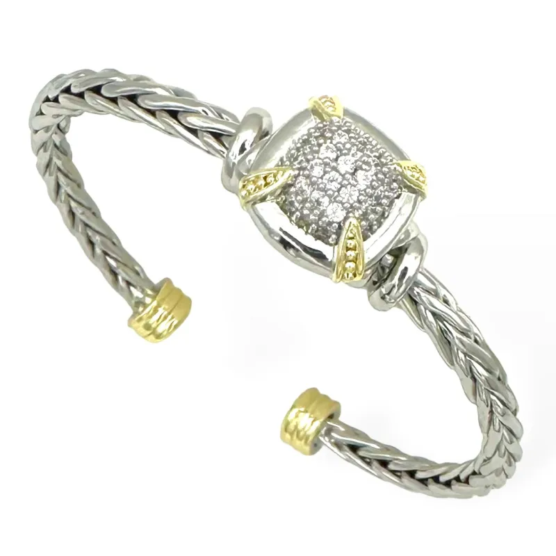 SILVER GOLD CUFF BANGLE CLEAR STONES ( 9416 B ) made by Oh My Jewelry