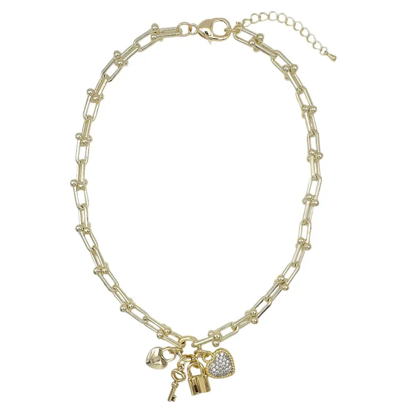 GOLD NECKLACE CZ STONES HEART CHARMS ( 1502 G ) made by Oh My Jewelry