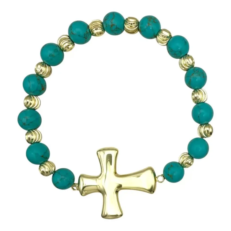 FASHION BRACELET GOLD CROSS BEADS TURQ (1981 BGT) made by Oh My Jewelry