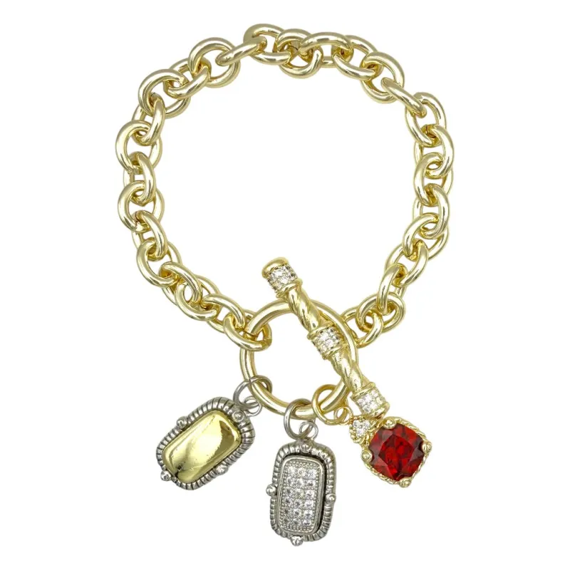 FASHION BRACELET 2T TOGGLE CZ PAVE 3 CHARMS (1975 B) made by Oh My Jewelry
