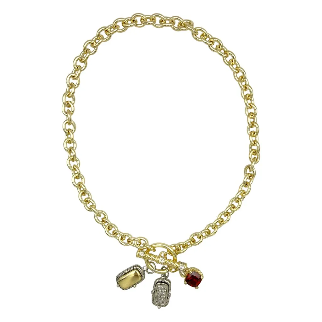 FASHION NECKLACE TOGGLE CZ PAVE CHARMS 17" (1975) sold by Oh My Jewelry