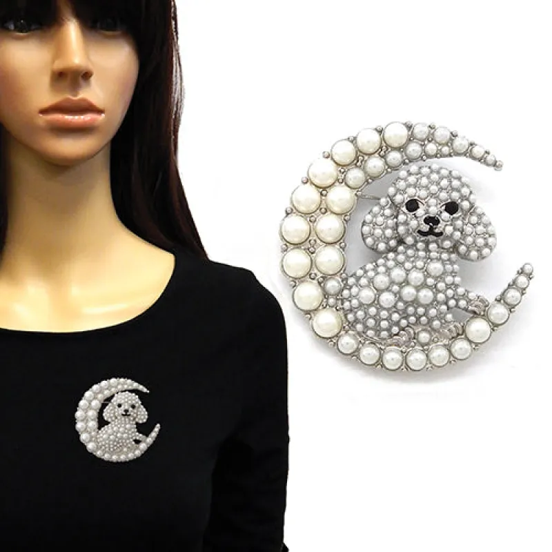 FASHION BROOCH CRESCENT MOON ENCLOSING A POODLE (YM2263 RDWHT) made by Oh My Jewelry
