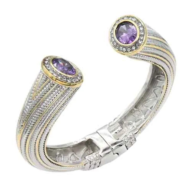 FASHION 14K GOLD PLATED 2 TONE STONE CUFF BRACELET (BC721 PP) made by Oh My Jewelry