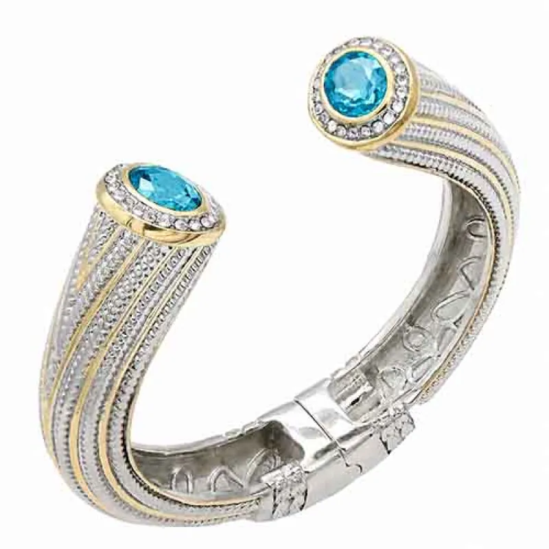 FASHION 14K GOLD PLATED 2 TONE STONE CUFF BRACELET (BC721 AQ) made by Oh My Jewelry
