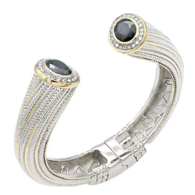 FASHION 14K GOLD PLATED 2 TONE STONE CUFF BRACELET (BC721 BK) made by Oh My Jewelry