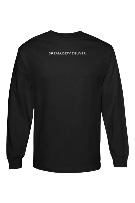 Heavyweight Oversized Long-Sleeve Tee – Dream. Defy. Deliver. sold by DRYWORLD