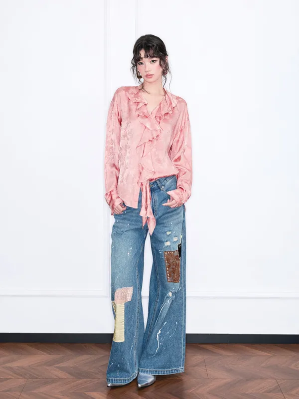 MUKZIN“Realm of Ethereal Mist”Pink Jacquard Ruffled Tie-Neck Blouse sold by Muzkin