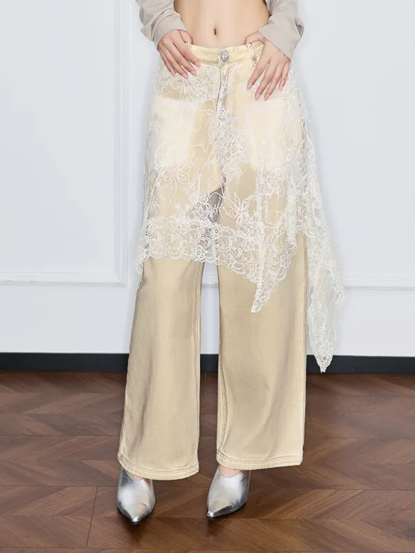 MUKZIN“Realm of Ethereal Mist”Lace Panel Distressed Jeans sold by Muzkin