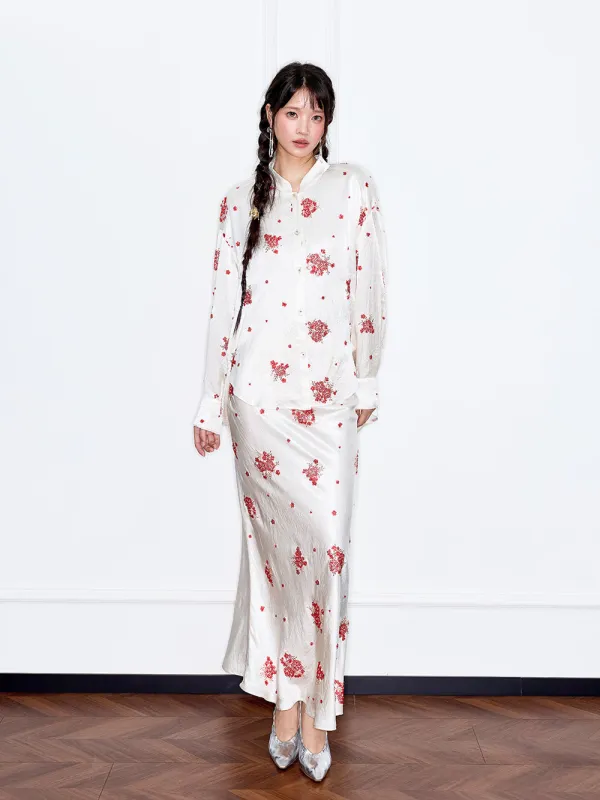 MUKZIN“Capsule Collection”Exquisite Red Floral Retro-style Stand-up Collar Off-white Shirt sold by Muzkin