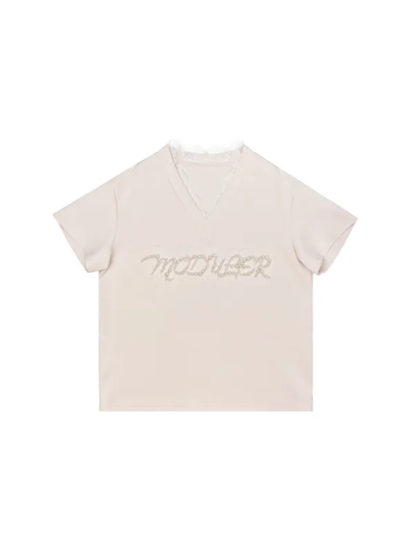 MUKTANK×MODULER Heavy-Detailed T-Shirt with Lace Paneling and Pearl Embroidery sold by Muzkin