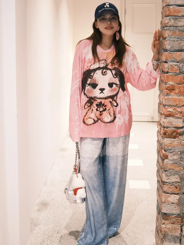 MUKZIN“Capsule Collection”Pink - toned tie - dye style cute dog printed long - sleeve T - shirt sold by Muzkin