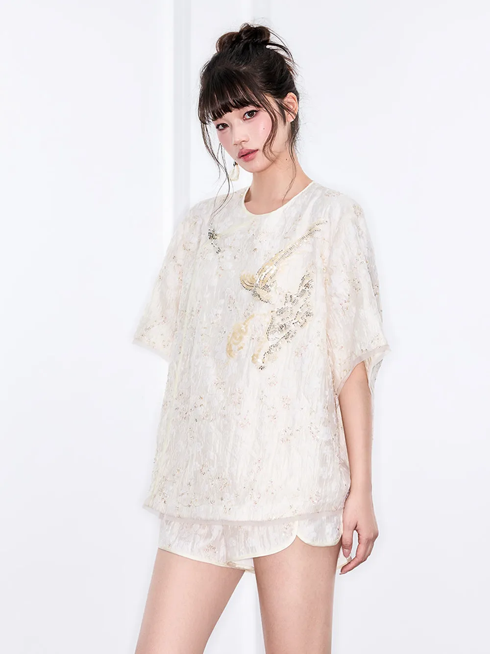 MUKZIN "Ode to the New Summer"Embroidery Sequin National Style Improved Frog Button Loose Chinese-style Short-sleeve Shirt sold by Muzkin product image thumbnail 2
