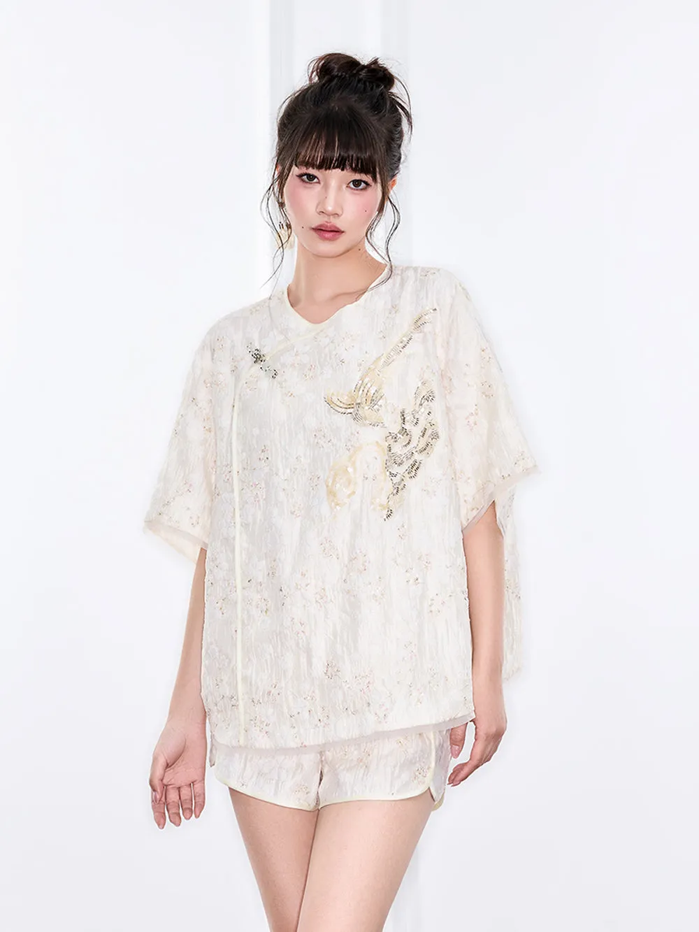 MUKZIN "Ode to the New Summer"Embroidery Sequin National Style Improved Frog Button Loose Chinese-style Short-sleeve Shirt sold by Muzkin product image thumbnail 3