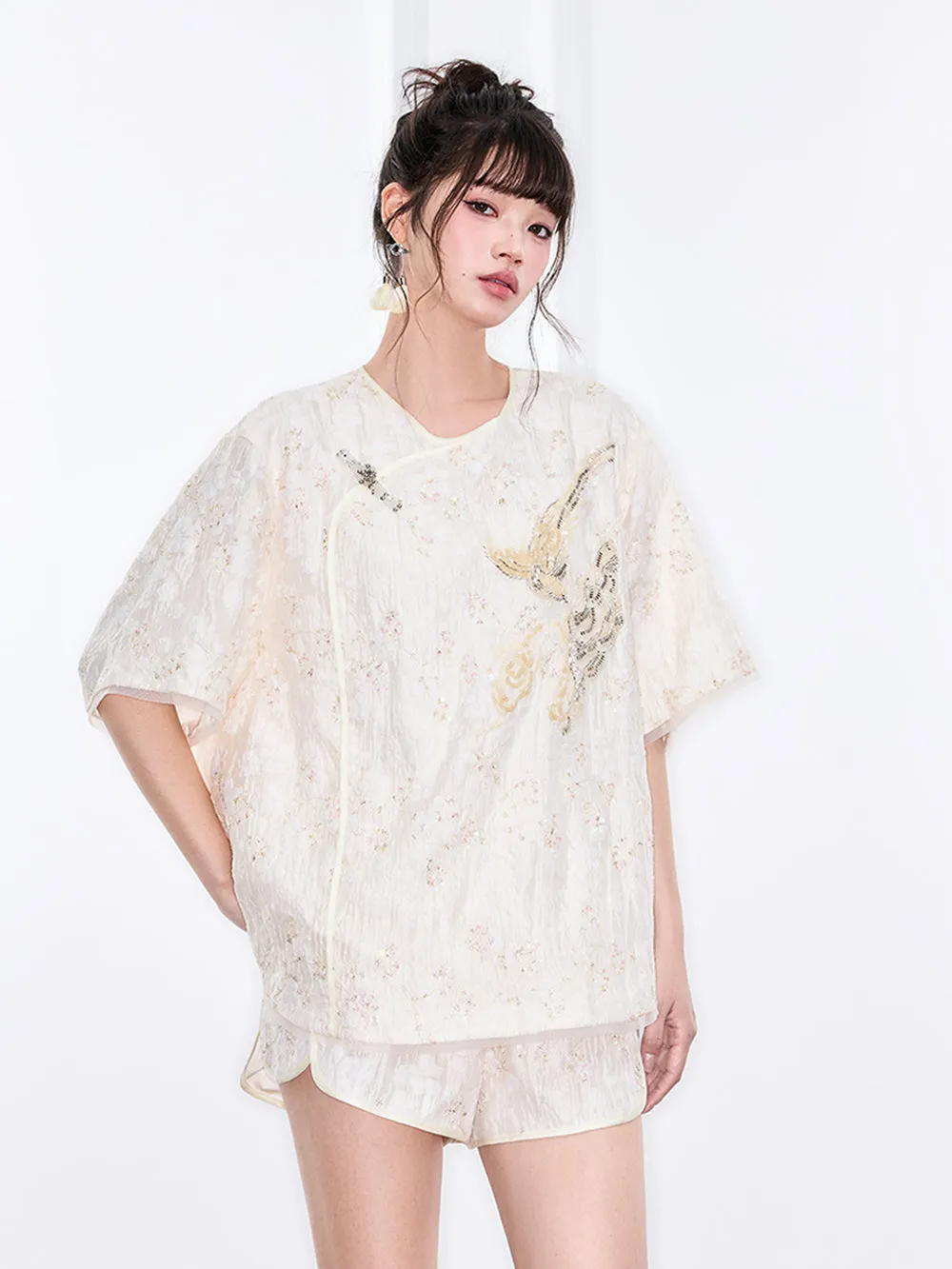 MUKZIN "Ode to the New Summer"Embroidery Sequin National Style Improved Frog Button Loose Chinese-style Short-sleeve Shirt sold by Muzkin product image thumbnail 4