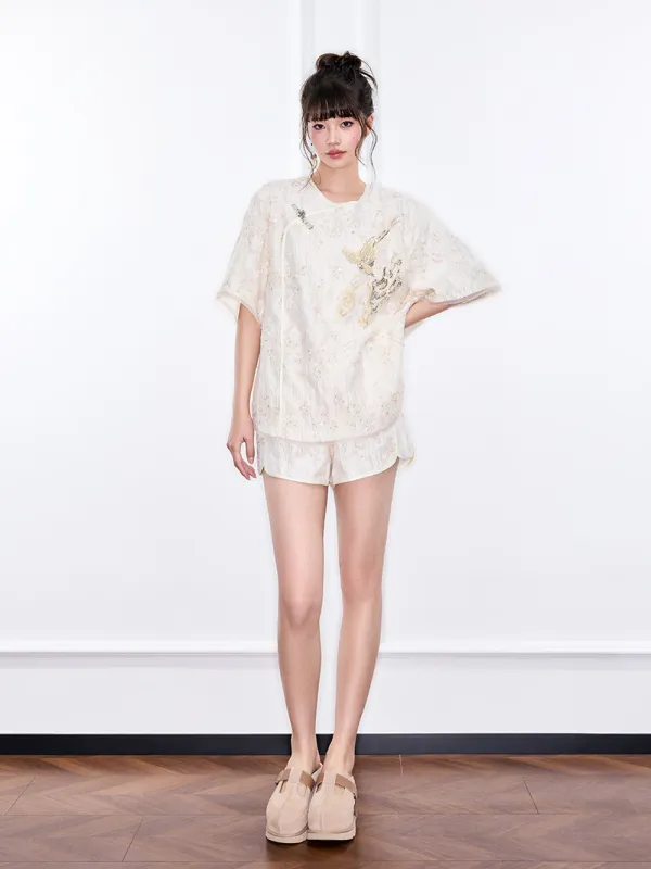 MUKZIN "Ode to the New Summer"Embroidery Sequin National Style Improved Frog Button Loose Chinese-style Short-sleeve Shirt sold by Muzkin