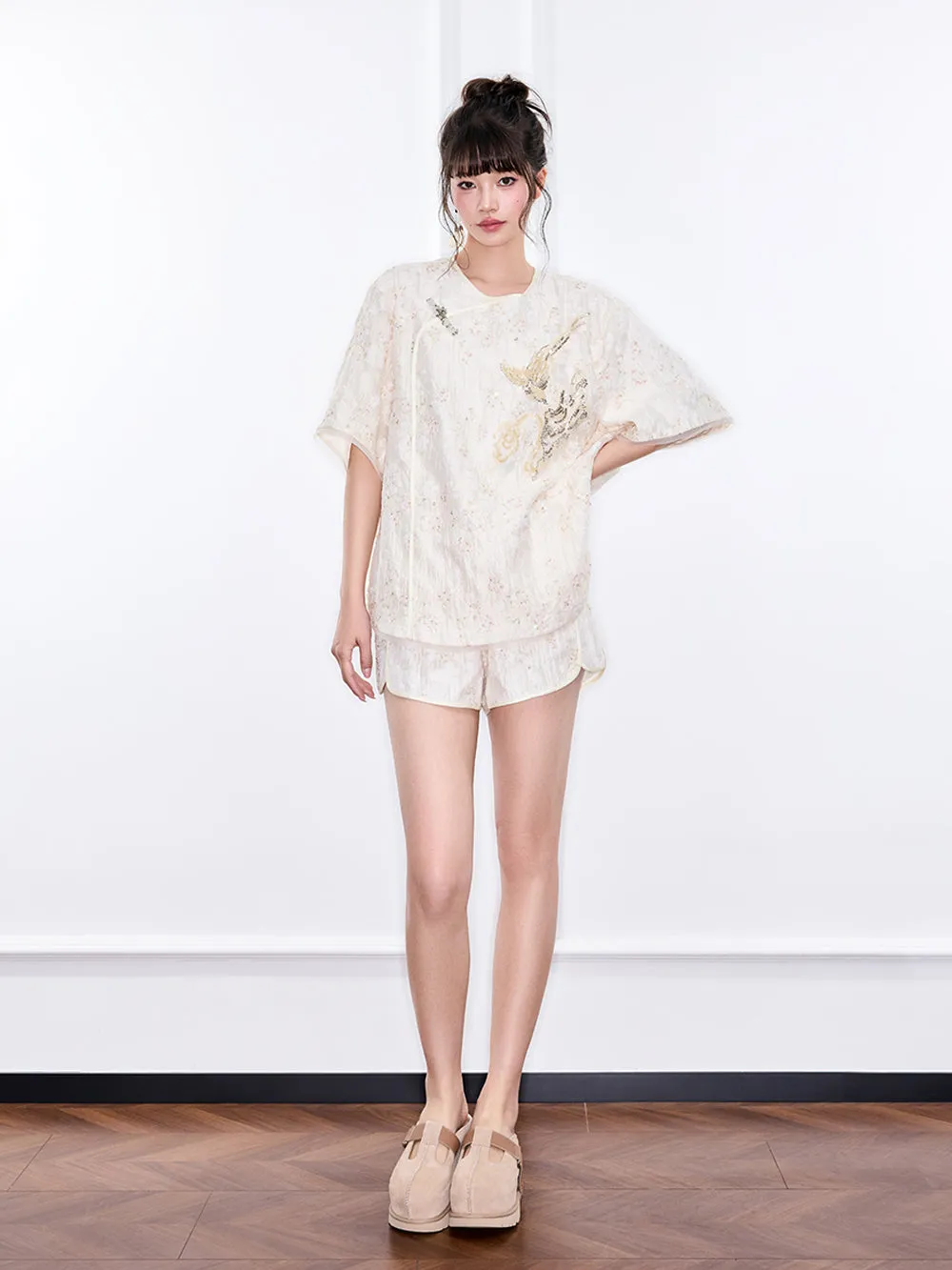 MUKZIN "Ode to the New Summer"Embroidery Sequin National Style Improved Frog Button Loose Chinese-style Short-sleeve Shirt sold by Muzkin