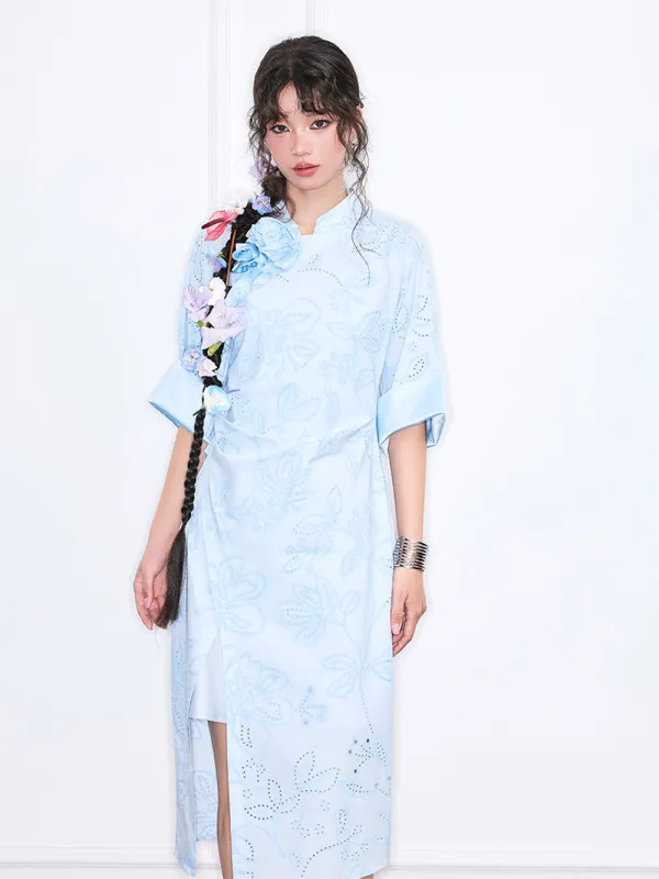 MUKZIN“Realm of Ethereal Mist”National Style Blue Jacquard Pleated Slit Half-sleeve Qipao Dress sold by Muzkin