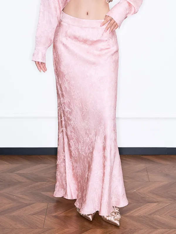 MUKZIN“Realm of Ethereal Mist”National Style Pink Jacquard Satin High-slit Slim Long Midi Skirt sold by Muzkin