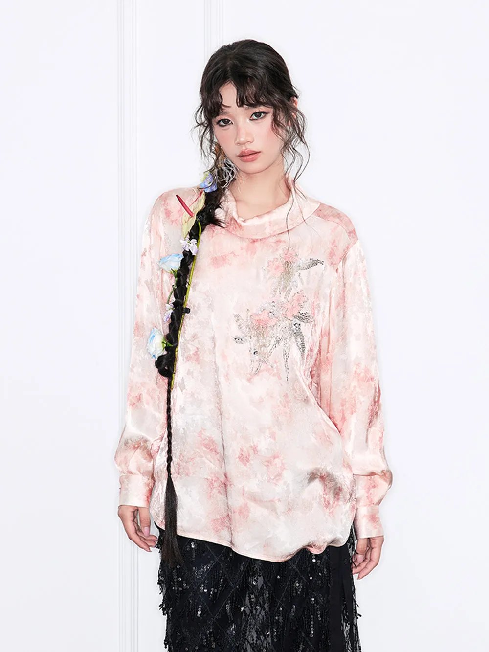 MUKZIN“Realm of Ethereal Mist”European-American Style Silky Draping Pink Gradient Long-Sleeve Shirt with Rhinestones & Slouchy Collar sold by Muzkin product image thumbnail 5