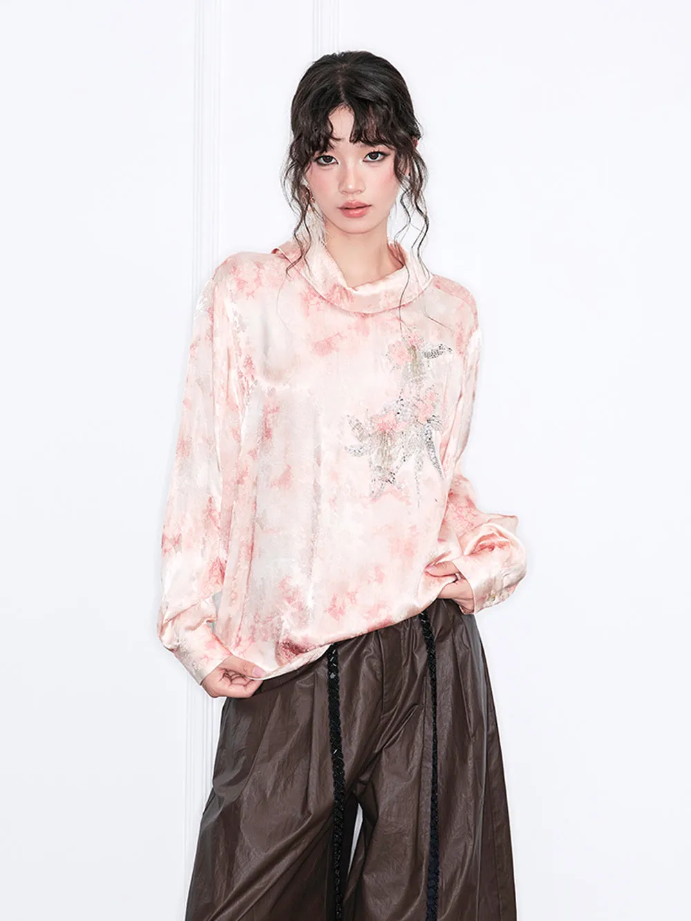 MUKZIN“Realm of Ethereal Mist”European-American Style Silky Draping Pink Gradient Long-Sleeve Shirt with Rhinestones & Slouchy Collar sold by Muzkin