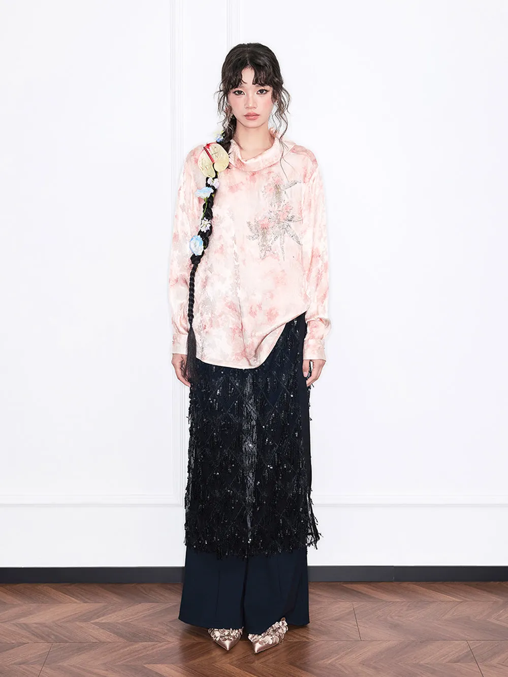 MUKZIN“Realm of Ethereal Mist”European-American Style Silky Draping Pink Gradient Long-Sleeve Shirt with Rhinestones & Slouchy Collar sold by Muzkin product image thumbnail 4