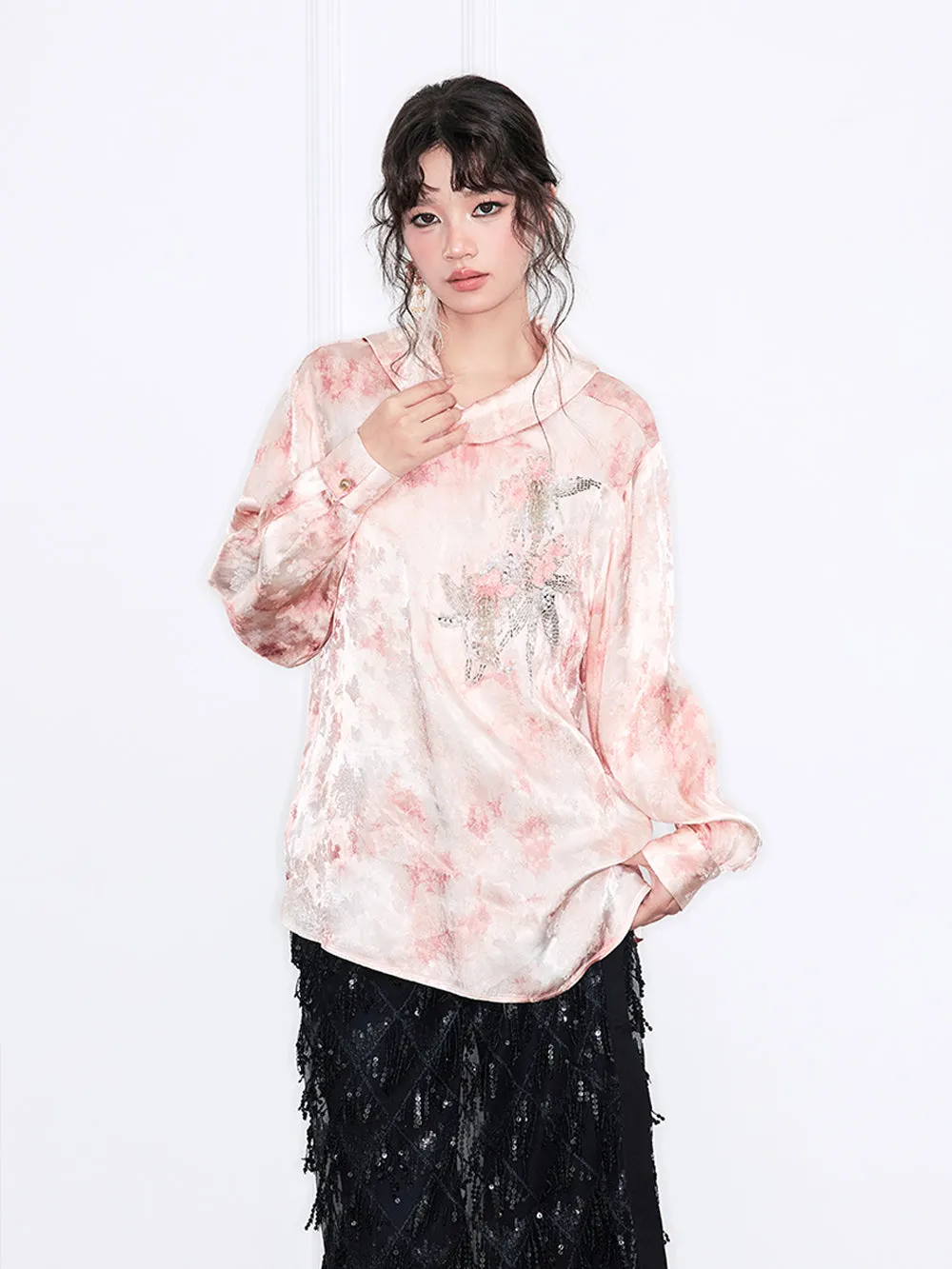 MUKZIN“Realm of Ethereal Mist”European-American Style Silky Draping Pink Gradient Long-Sleeve Shirt with Rhinestones & Slouchy Collar sold by Muzkin product image thumbnail 2