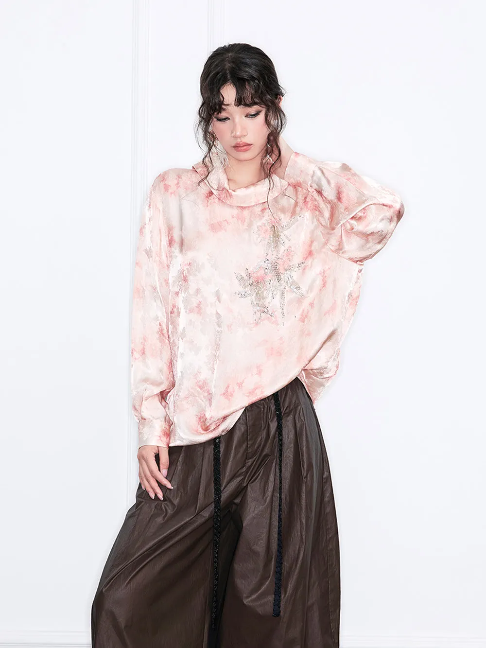 MUKZIN“Realm of Ethereal Mist”European-American Style Silky Draping Pink Gradient Long-Sleeve Shirt with Rhinestones & Slouchy Collar sold by Muzkin product image thumbnail 3