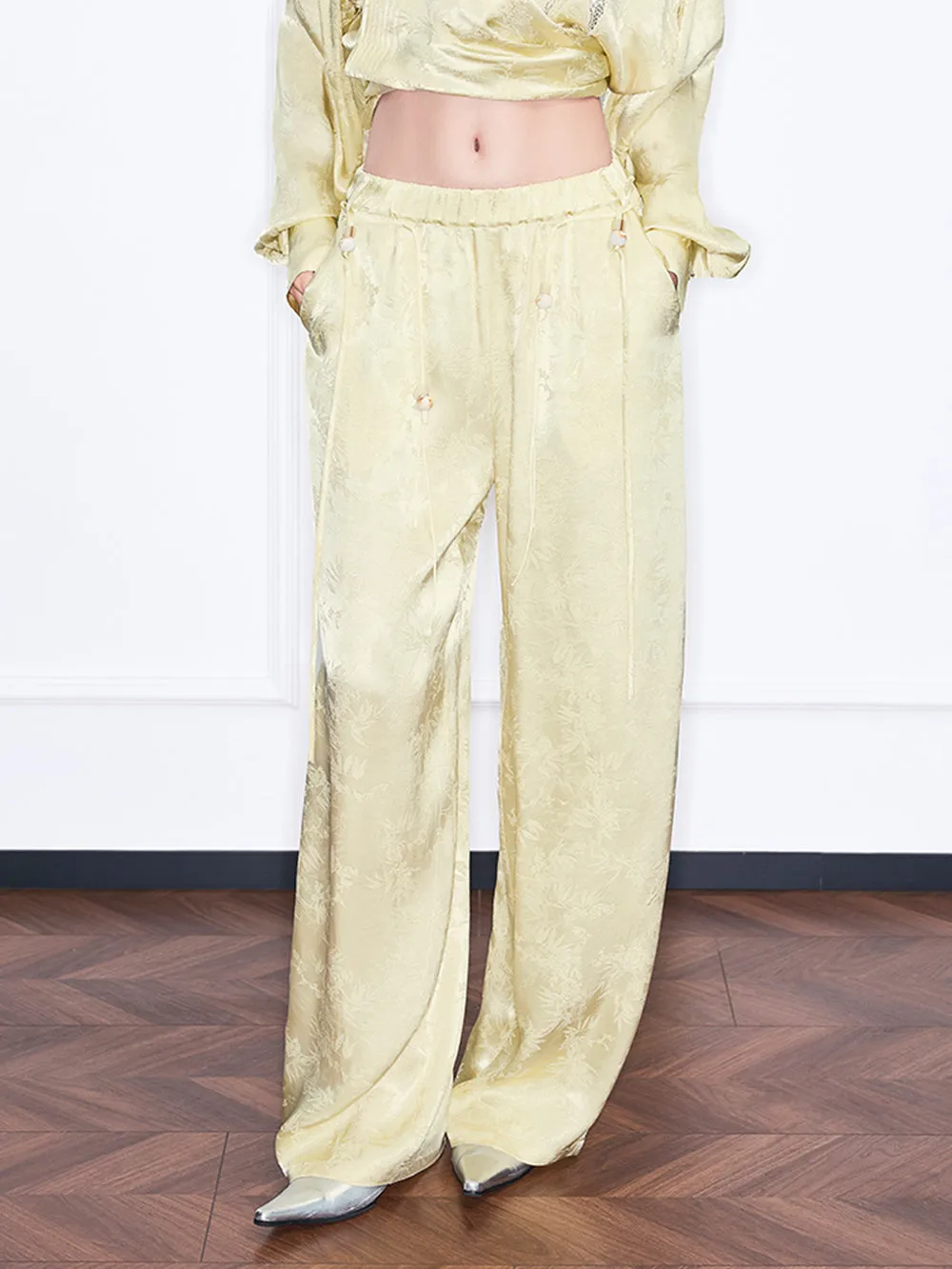 MUKZIN“Realm of Ethereal Mist”High-Waisted Flowy Wide-Leg Pants with Jacquard Pattern sold by Muzkin product image thumbnail 4