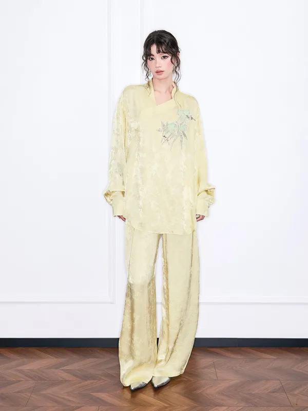 MUKZIN“Realm of Ethereal Mist”High-Waisted Flowy Wide-Leg Pants with Jacquard Pattern sold by Muzkin