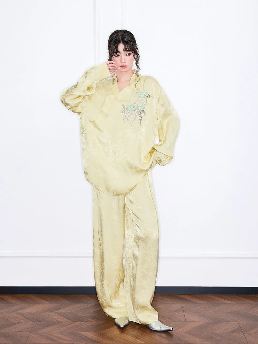 MUKZIN“Realm of Ethereal Mist”High-Waisted Flowy Wide-Leg Pants with Jacquard Pattern sold by Muzkin product image thumbnail 2