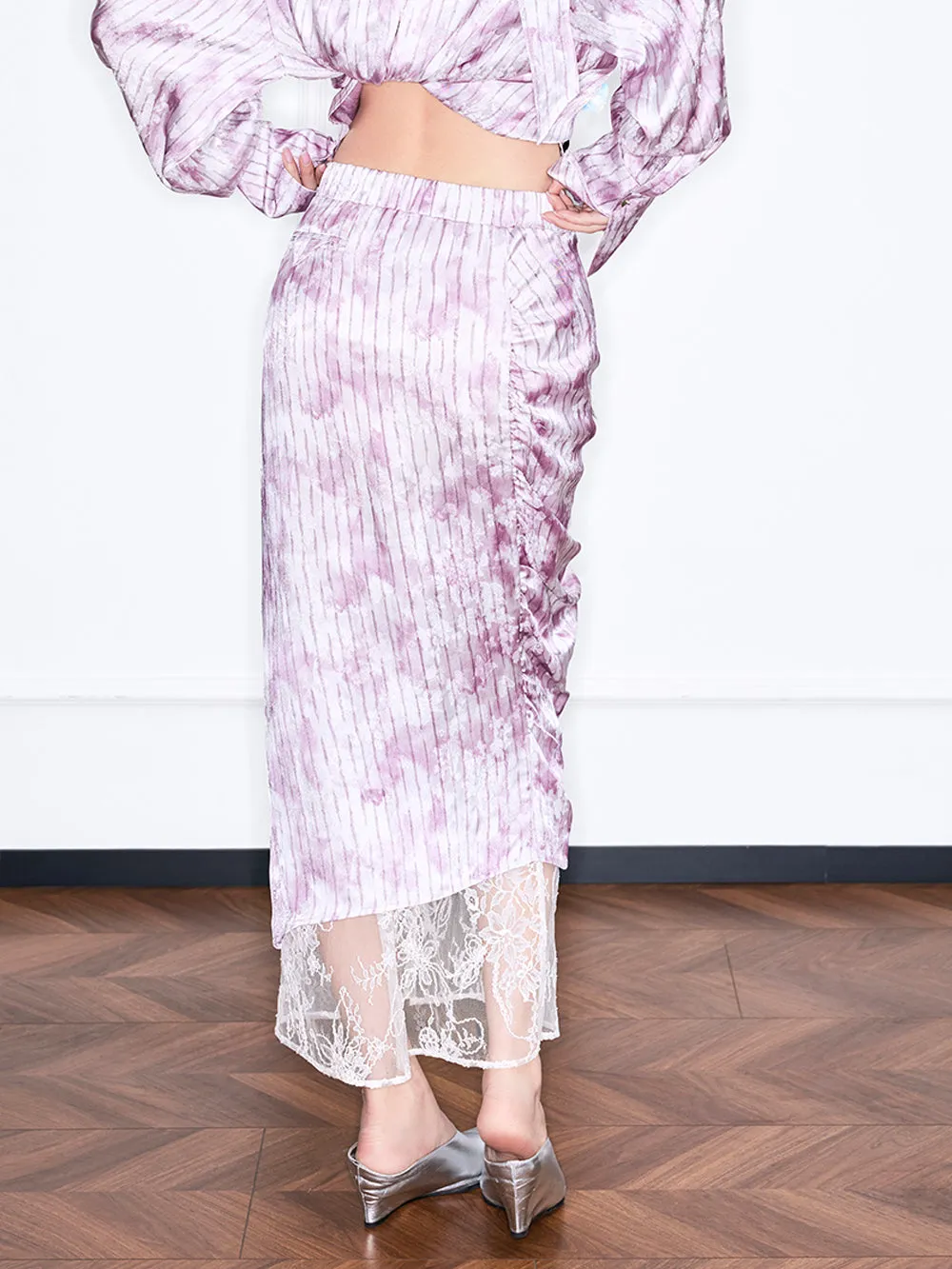 MUKZIN“Realm of Ethereal Mist”Pink - purple tie - dyed velvet spliced lace split midi skirt sold by Muzkin product image thumbnail 3