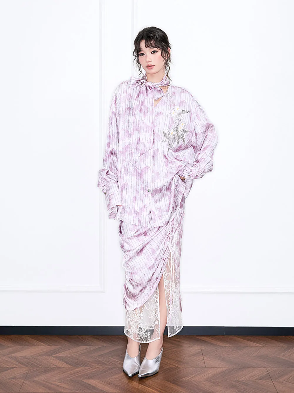 MUKZIN“Realm of Ethereal Mist”Pink - purple tie - dyed velvet spliced lace split midi skirt sold by Muzkin product image thumbnail 5