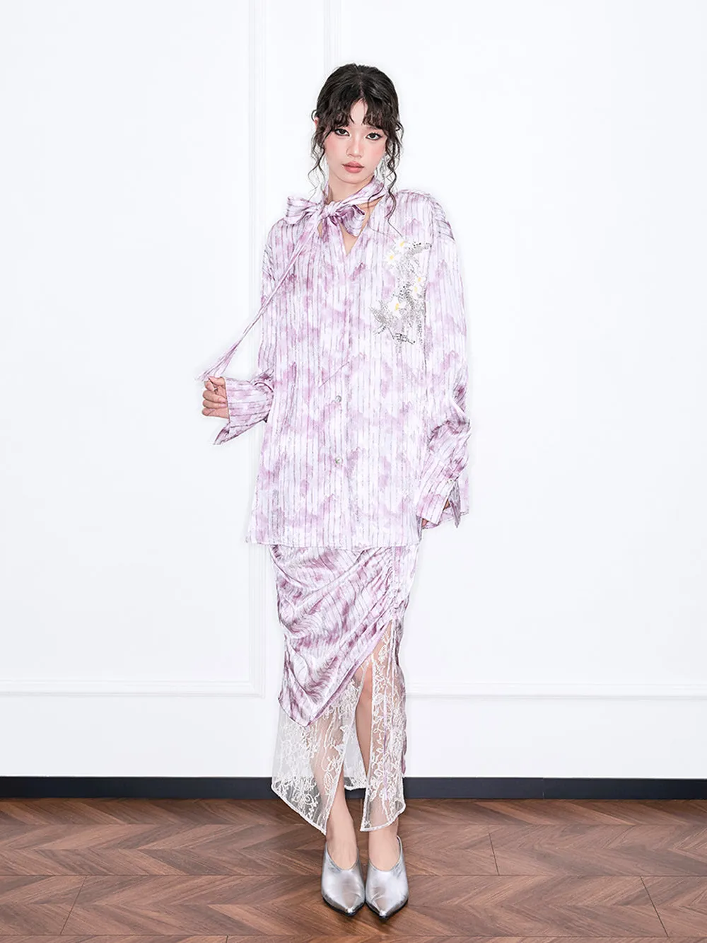 MUKZIN“Realm of Ethereal Mist”Pink - purple tie - dyed velvet spliced lace split midi skirt sold by Muzkin product image thumbnail 4