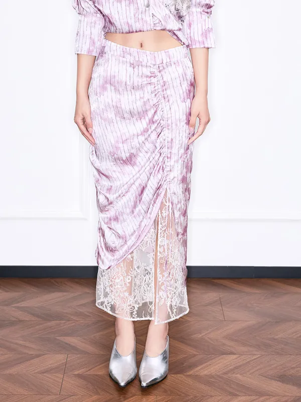 MUKZIN“Realm of Ethereal Mist”Pink - purple tie - dyed velvet spliced lace split midi skirt sold by Muzkin