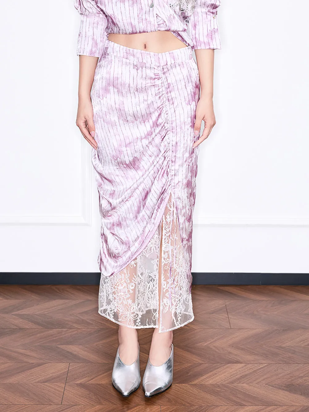 MUKZIN“Realm of Ethereal Mist”Pink - purple tie - dyed velvet spliced lace split midi skirt sold by Muzkin