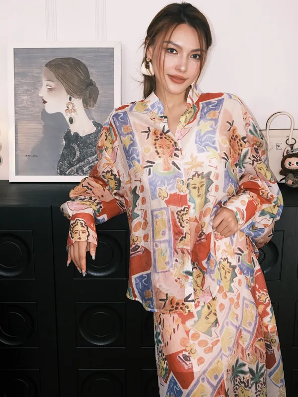 MUKZIN“Capsule Collection”Eye - Catching and Versatile Loose Long - Sleeve Shirt with Abstract Figure Prints sold by Muzkin