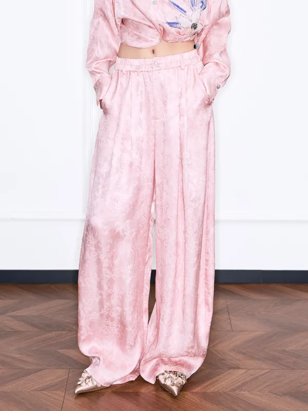 MUKZIN“Realm of Ethereal Mist”Pink Jacquard Draped Wide - Leg Pants sold by Muzkin