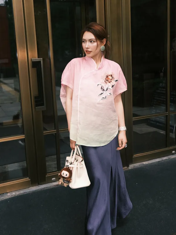 MUKZIN“Capsule Collection”Gradient Pink Sequin Embroidered Modified Qipao Top sold by Muzkin