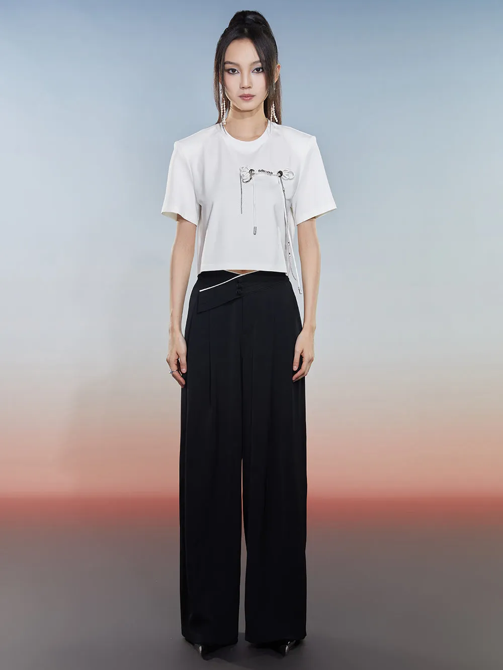 MUKZIN Black Loose Suit Pants with Crossover Design at the Waist sold by Muzkin product image thumbnail 5