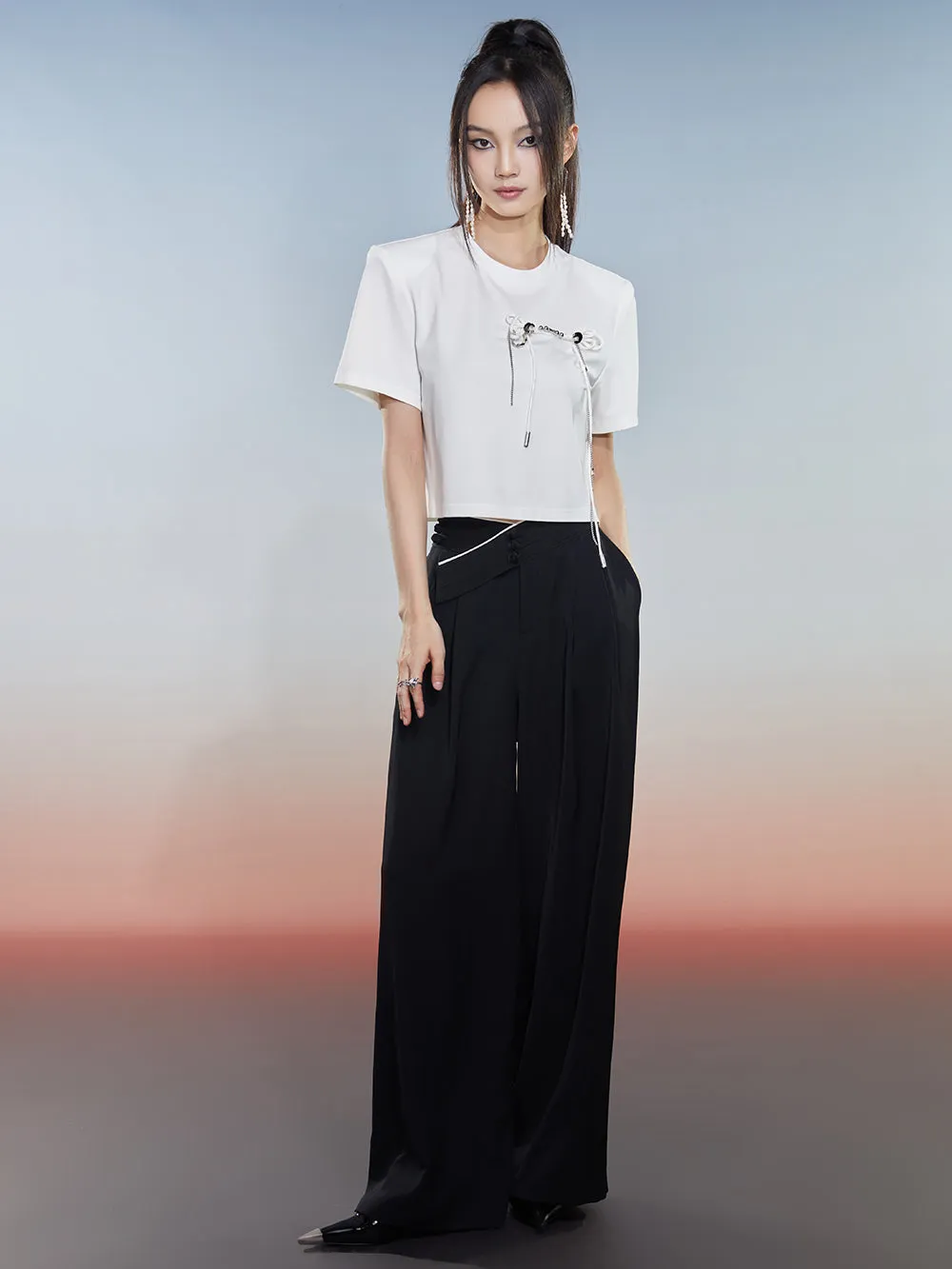 MUKZIN Black Loose Suit Pants with Crossover Design at the Waist sold by Muzkin product image thumbnail 2