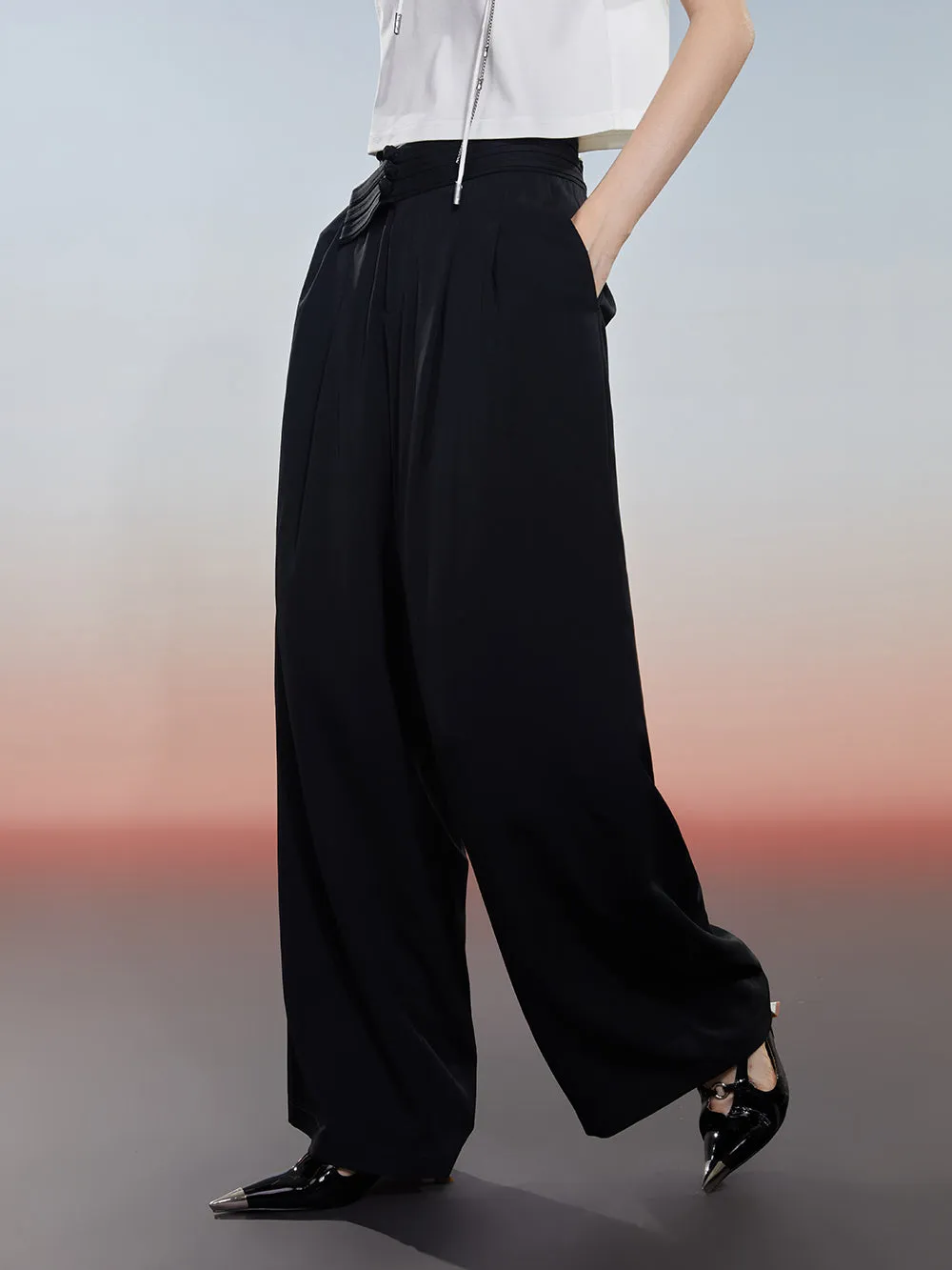 MUKZIN Black Loose Suit Pants with Crossover Design at the Waist sold by Muzkin product image thumbnail 3