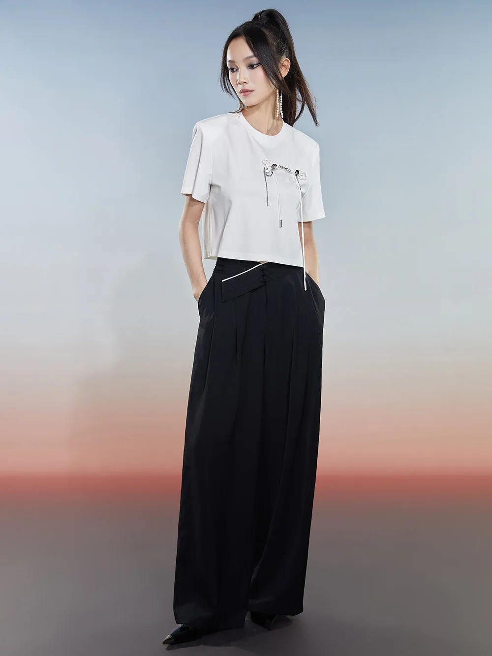 MUKZIN Black Loose Suit Pants with Crossover Design at the Waist sold by Muzkin product image thumbnail 4