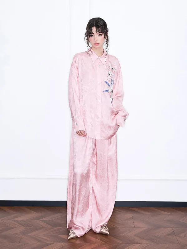 MUKZIN“Realm of Ethereal Mist”Pink Jacquard Floral Embroidered Shirt sold by Muzkin