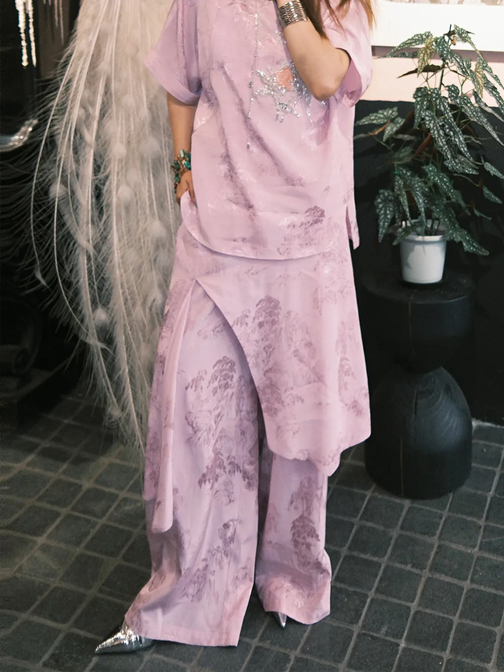 MUKZIN“Capsule Collection”Pink Jacquard Loose - fitting Long Pants sold by Muzkin