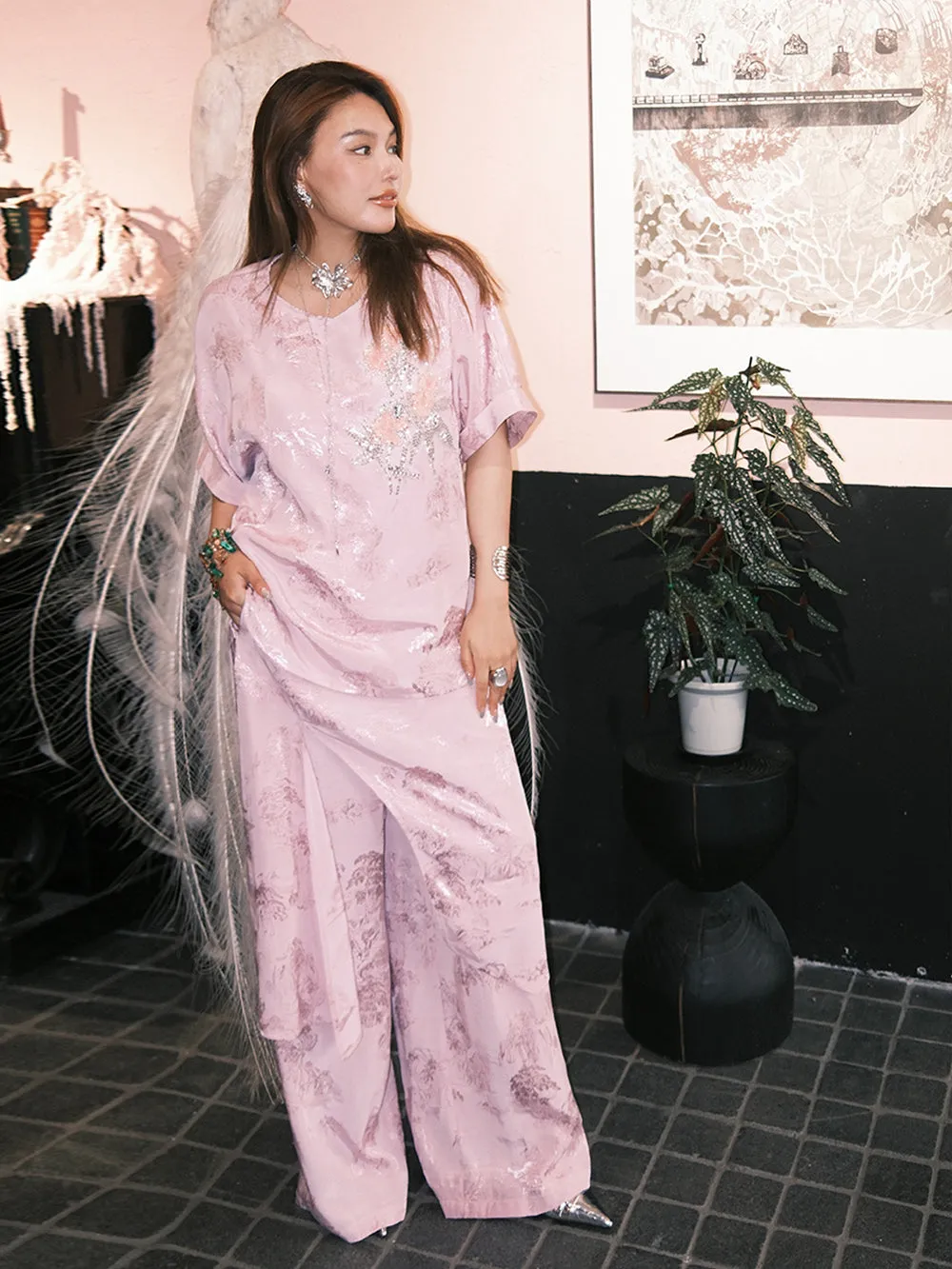 MUKZIN“Capsule Collection”Pink Jacquard Loose - fitting Long Pants sold by Muzkin product image thumbnail 4