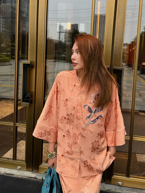 MUKZIN“Capsule Collection”Jacquard Embroidered Three - Quarter Sleeve Loose Chinese - style Shirt with Retro Chinese Buttons sold by Muzkin