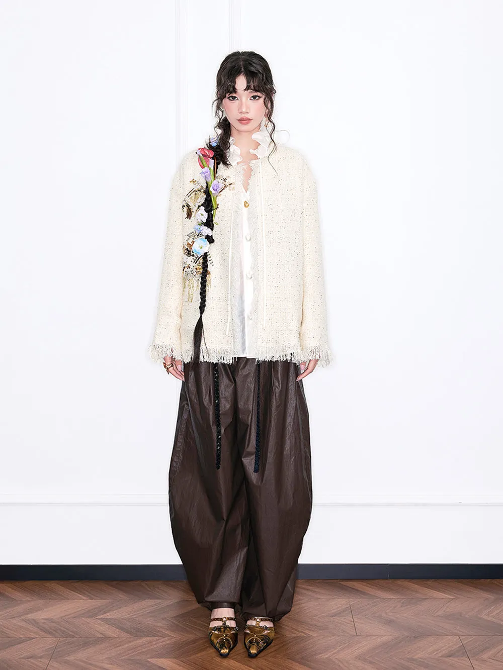 MUKZIN“Realm of Ethereal Mist”Off - White Tweed Cardigan with Sequin Embroidery and Fringes sold by Muzkin product image thumbnail 3